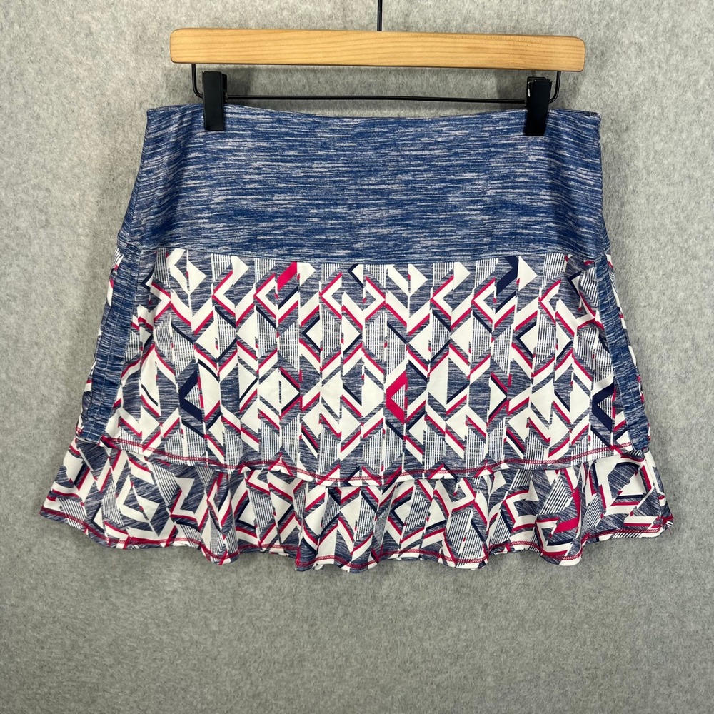 Lucky in Love Tennis Skort Women L Blue Geometric Ruffle Athletic Golf‎ EUC